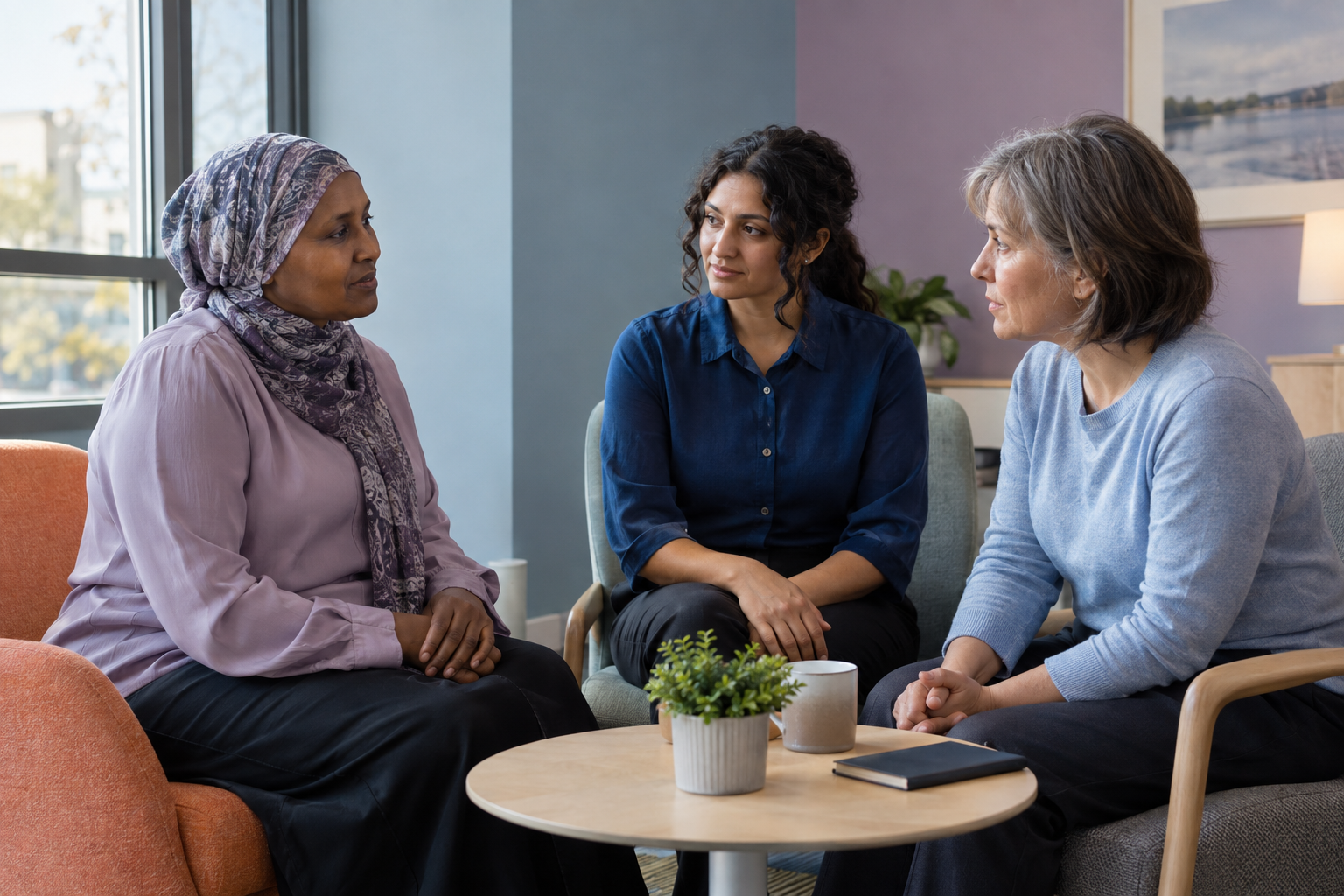 Illustration of three people seated at the same level, facing one another in conversation.